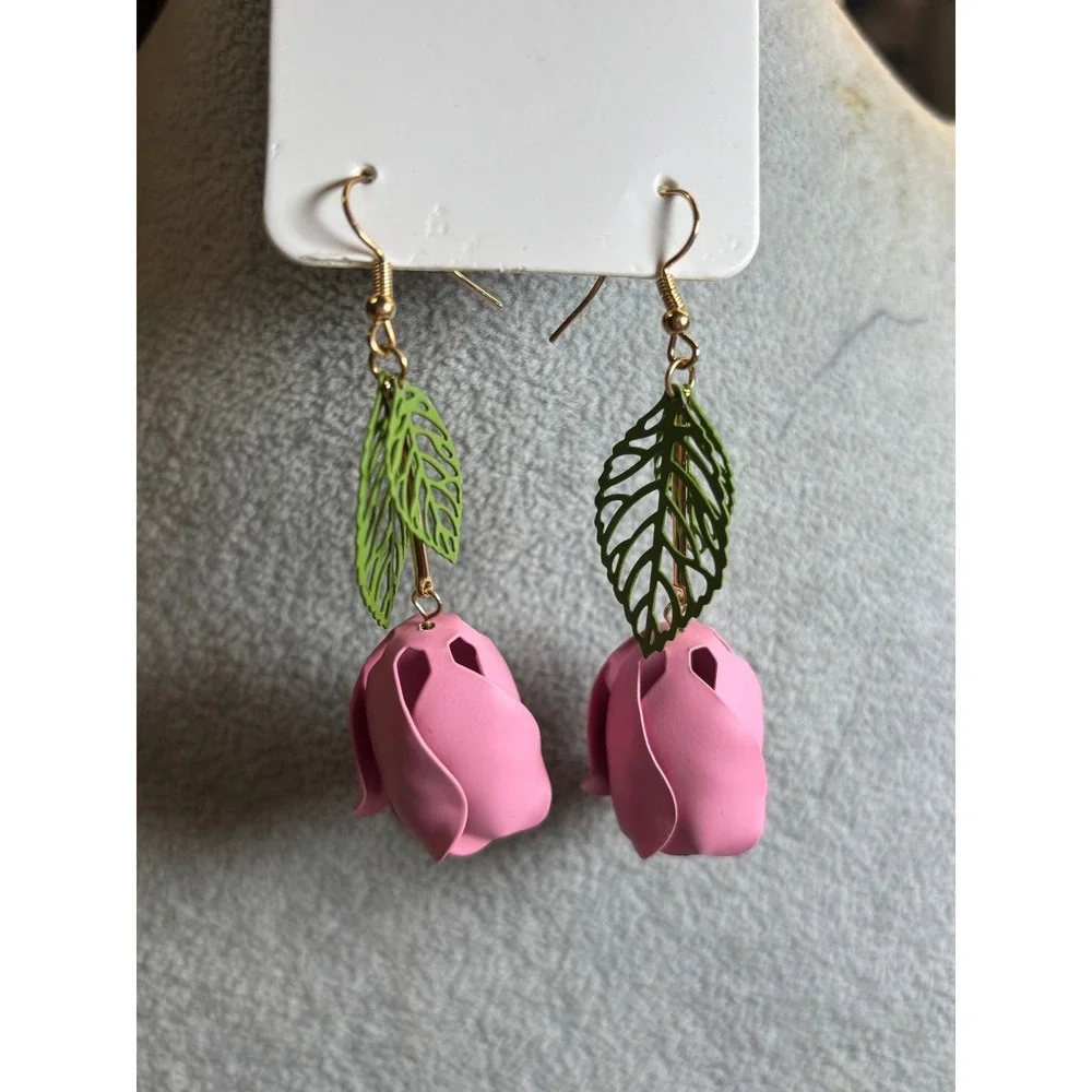 #1. Metal Pink Rose Dangling Earrings